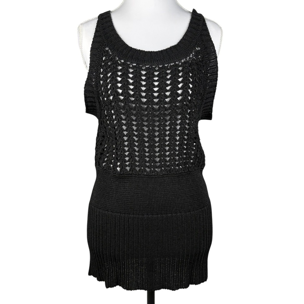 Escada Crochet Open Knit Tank Top Womens L Black Viscose‎ Ramie Sleeveless Goth